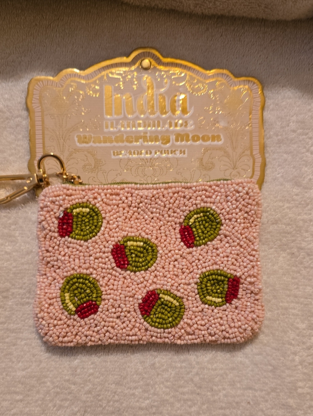 Viral Wandering Moon Handmade Beaded Olive & Martini Pink Mini Zip Pouch NWT